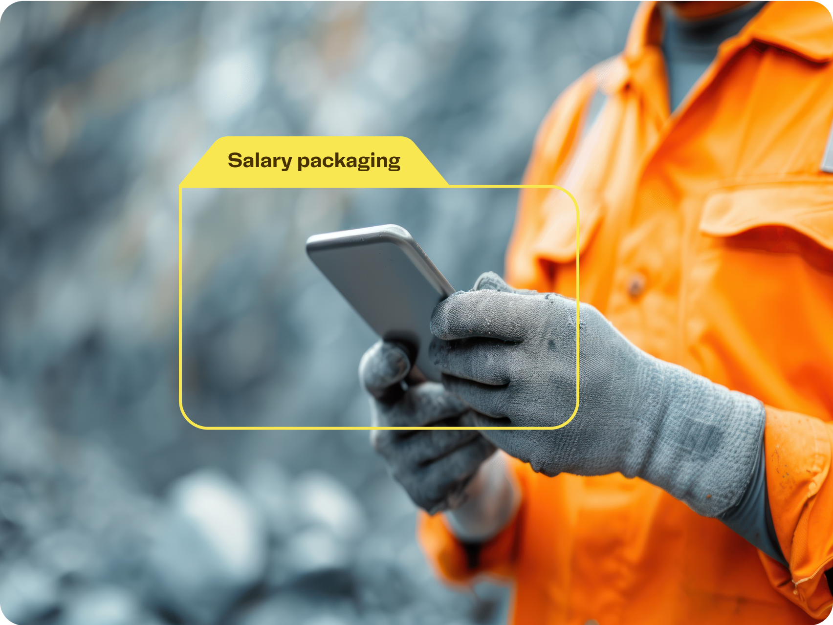 closeup image of a worker in bright orange overall, using a mobile phone