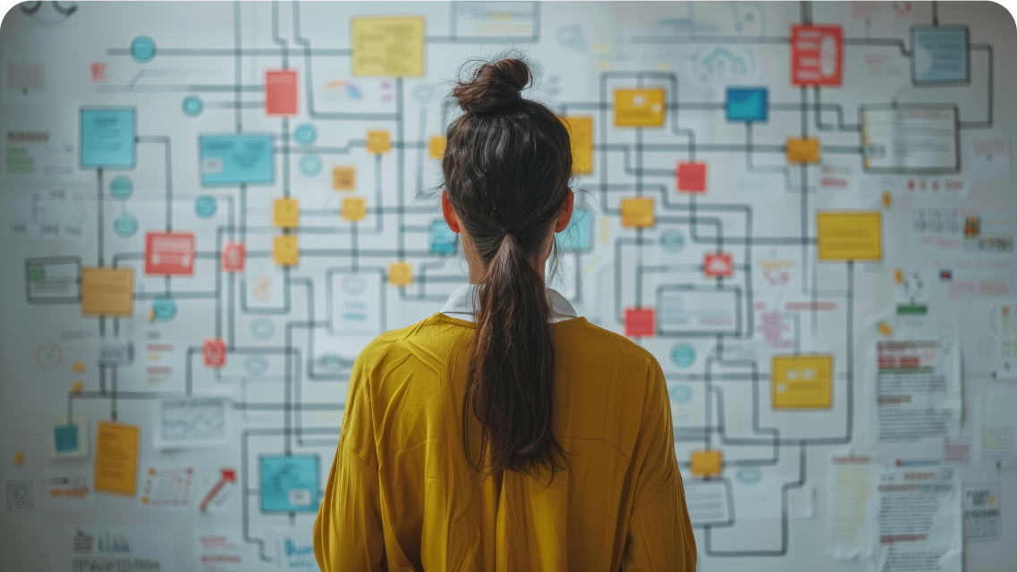 Woman in front of a process chart on wall