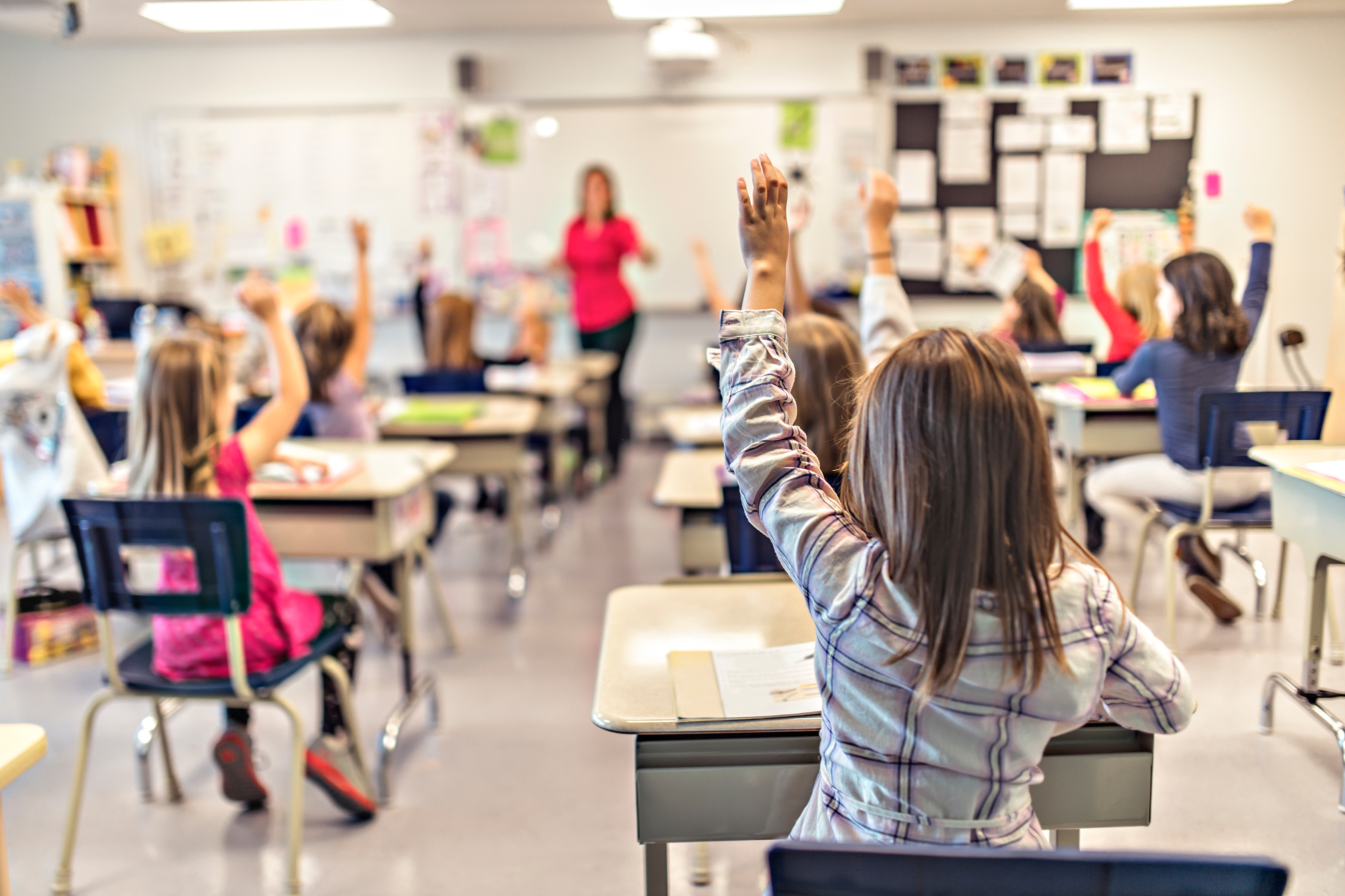 Closeup classroom student riasing hand