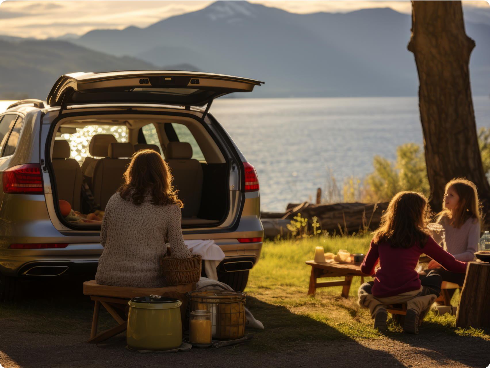 A family enjoying a picnic by a lake