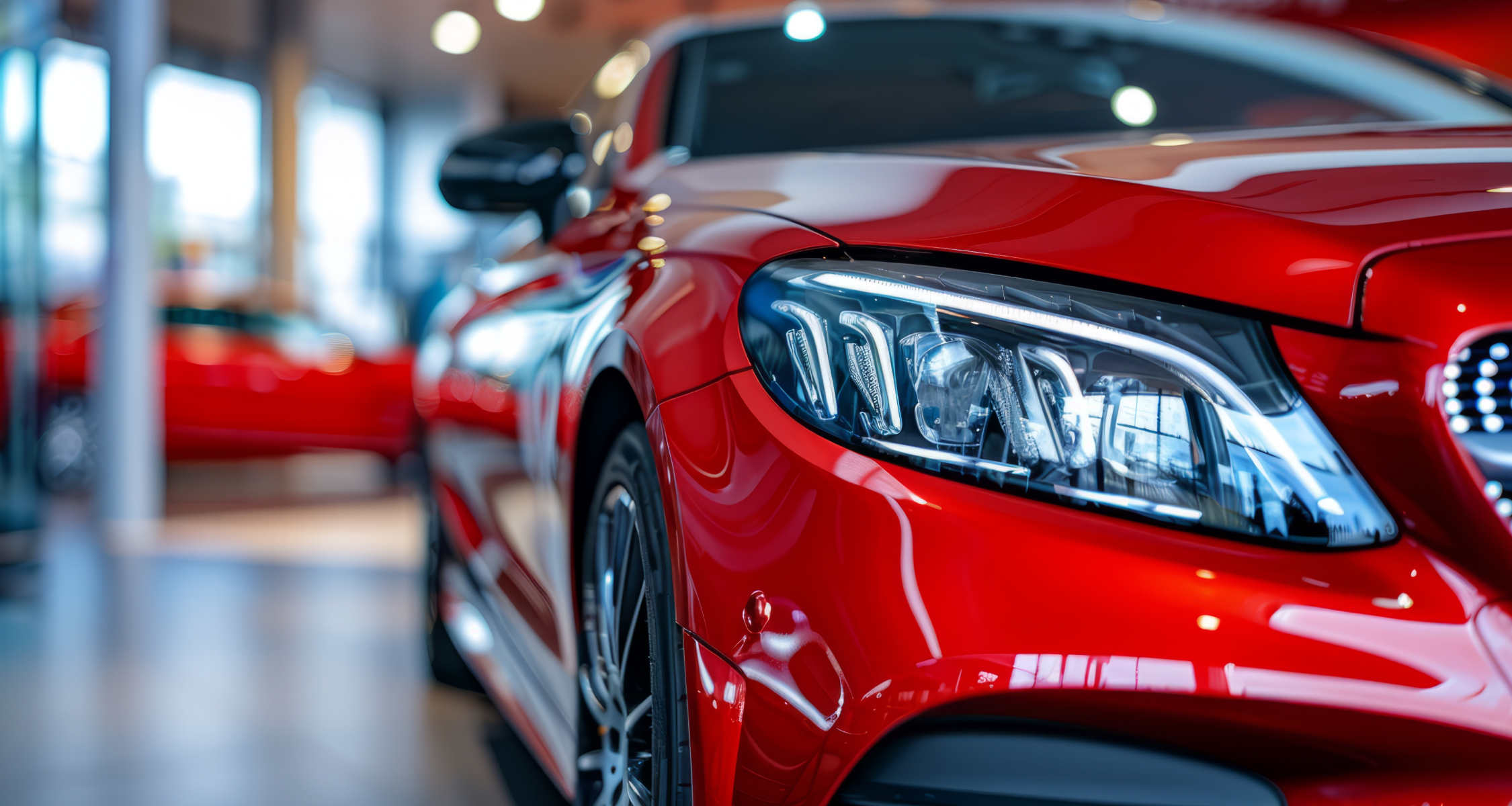 Closeup of red car in a showroom