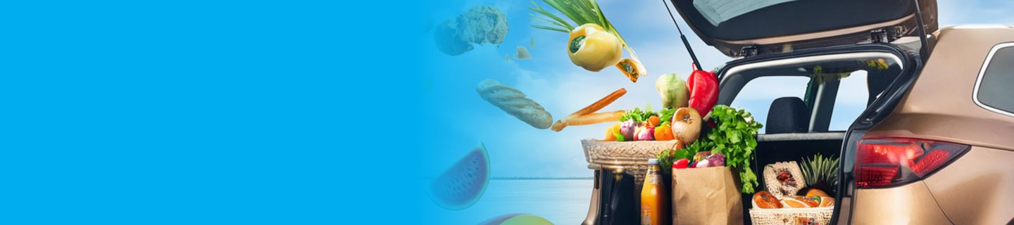 Groceries flying out of the boot of a car