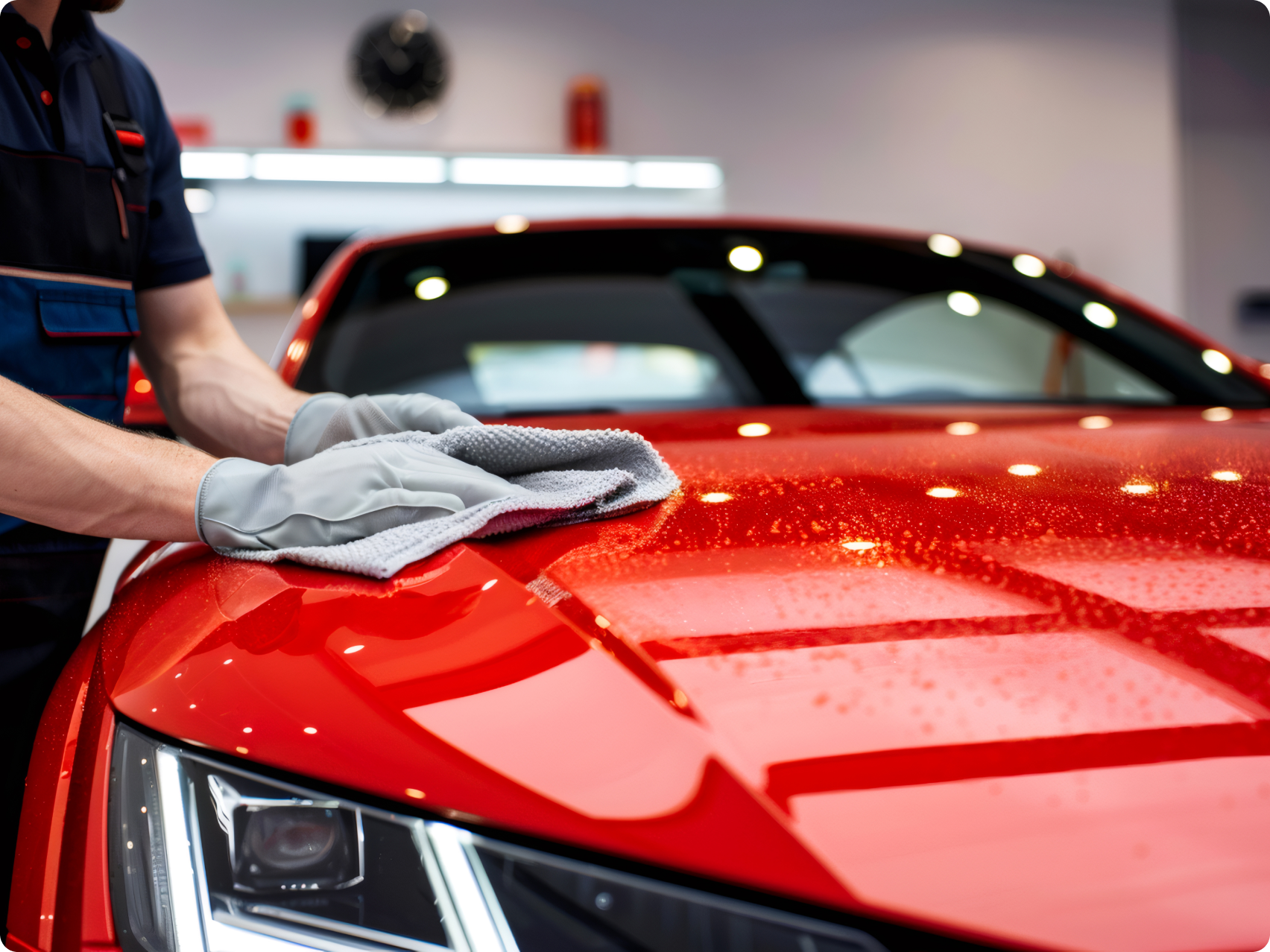 A person cleaning a red car