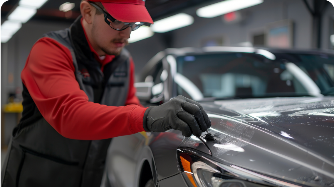 A man detailing a grey car