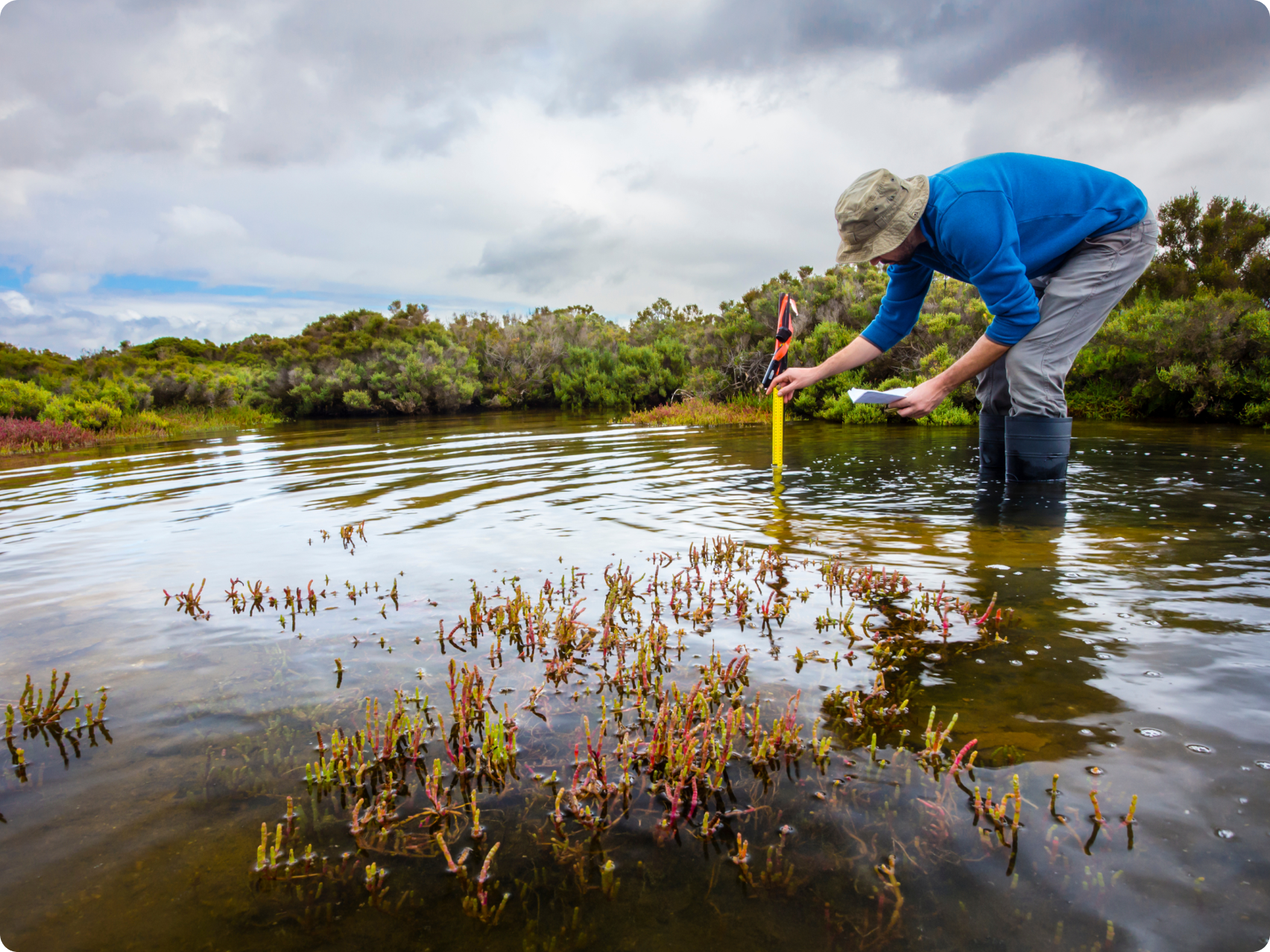 A man testing water in a creek