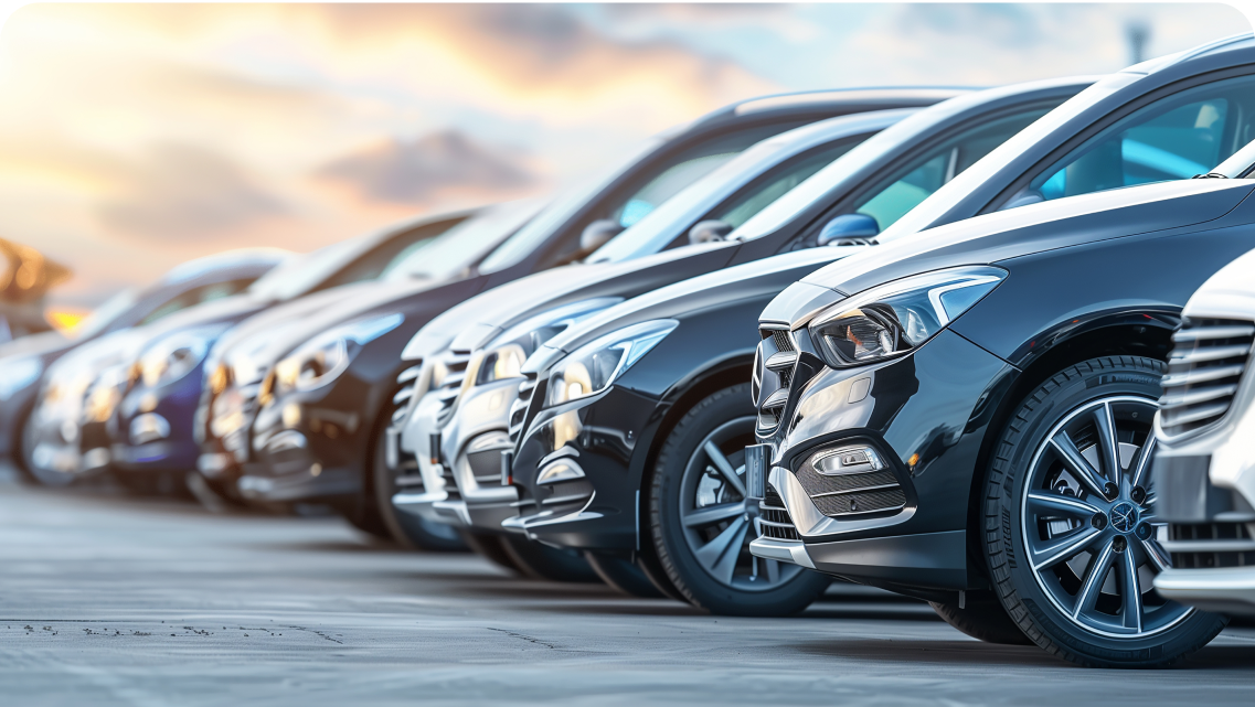 A string of cars in a carpark