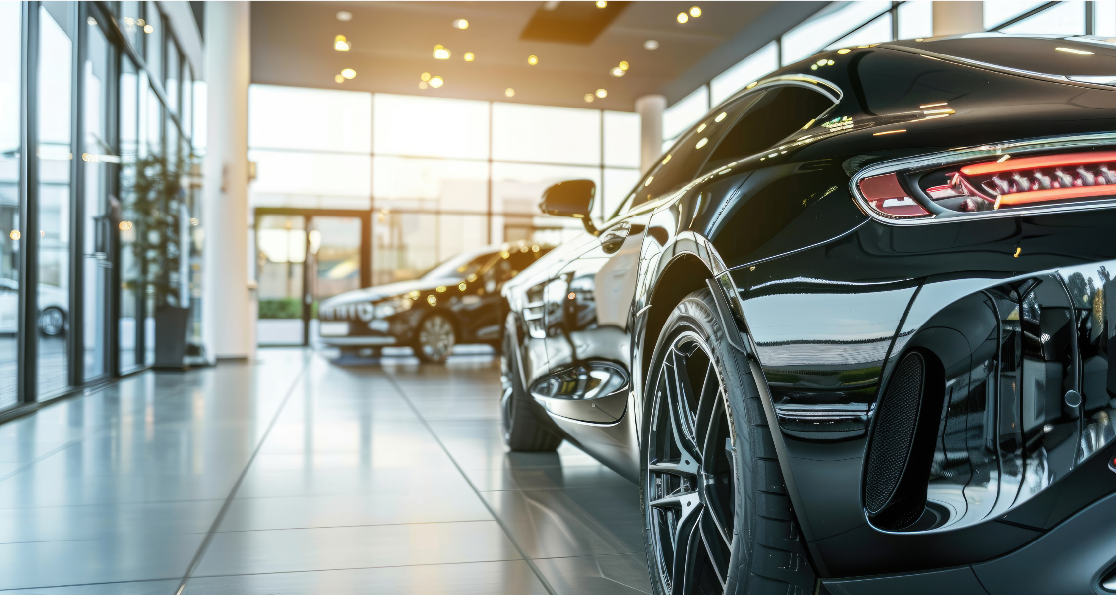 Two black cars in a showroom