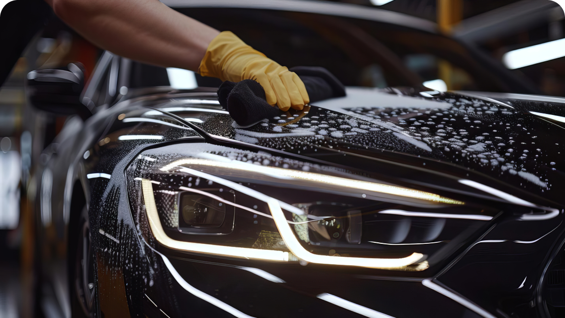 A black car being cleaned 