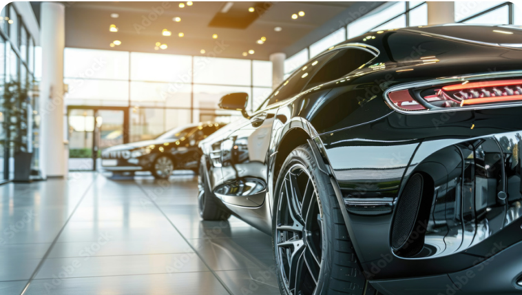 Car in showroom, rear view