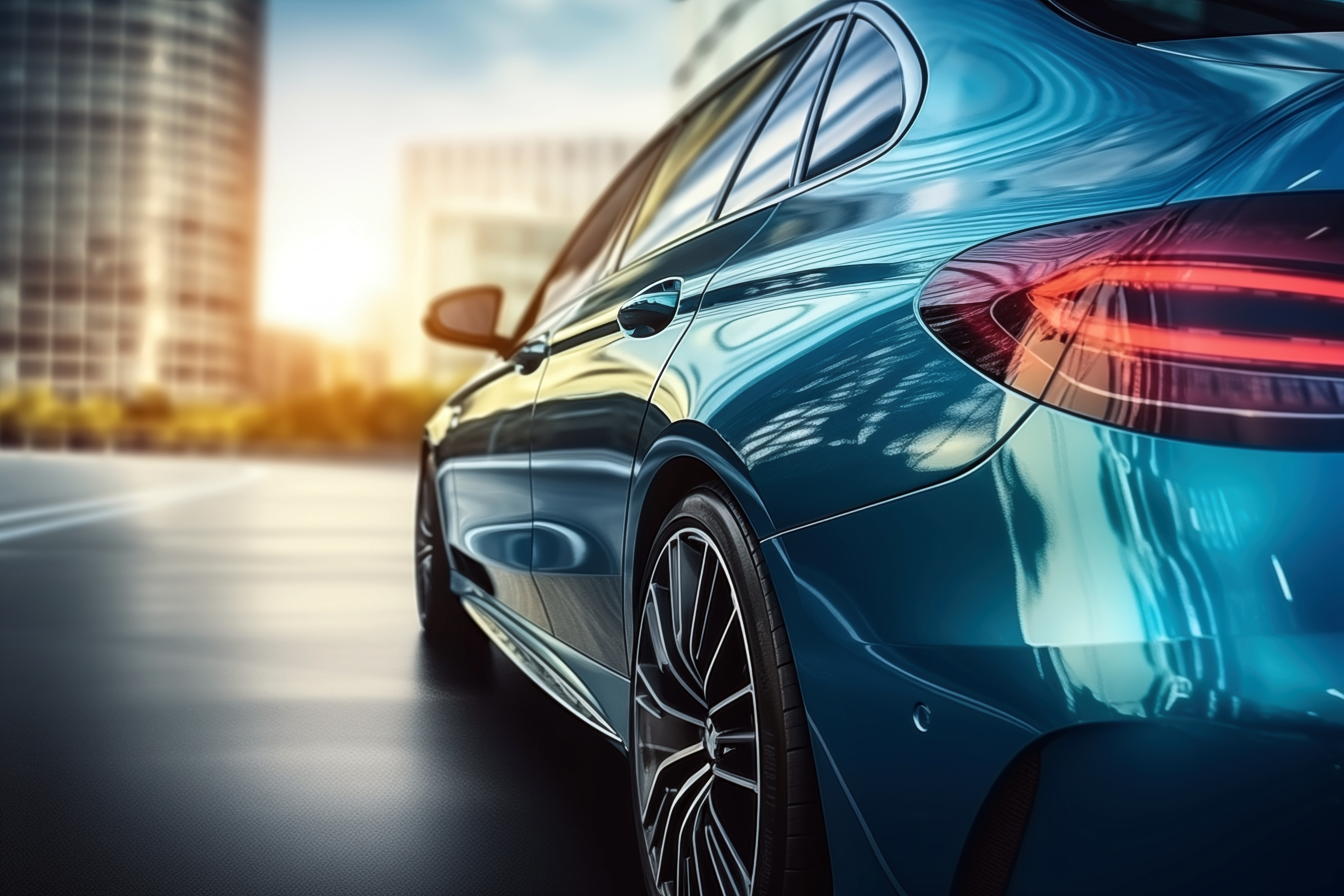 Side of a blue car facing cityscape